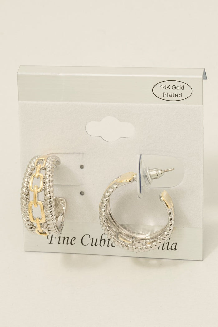 Gold Plated Two Tone Layered Chain Hoop Earrings