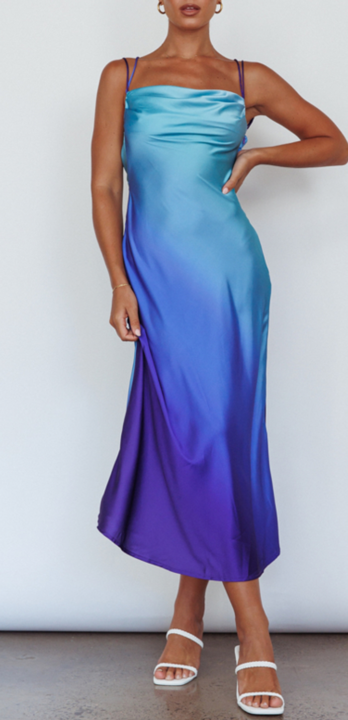 Ombre Midriff and Low Back Midi Dress with Adjustable Straps