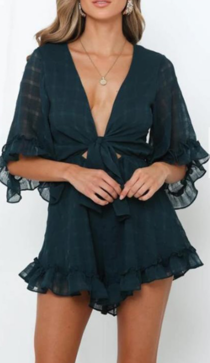 Ruffled Short Sleeve Romper with Tied Front and Elastic Waistband