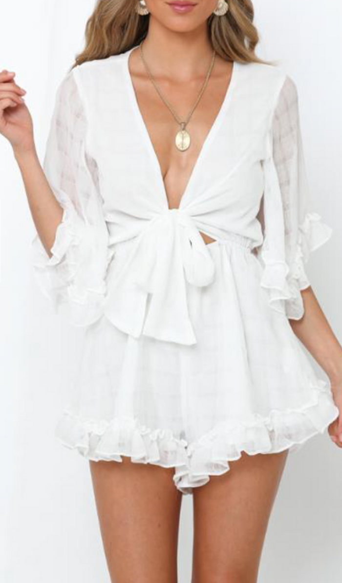 Ruffled Short Sleeve Romper with Tied Front and Elastic Waistband